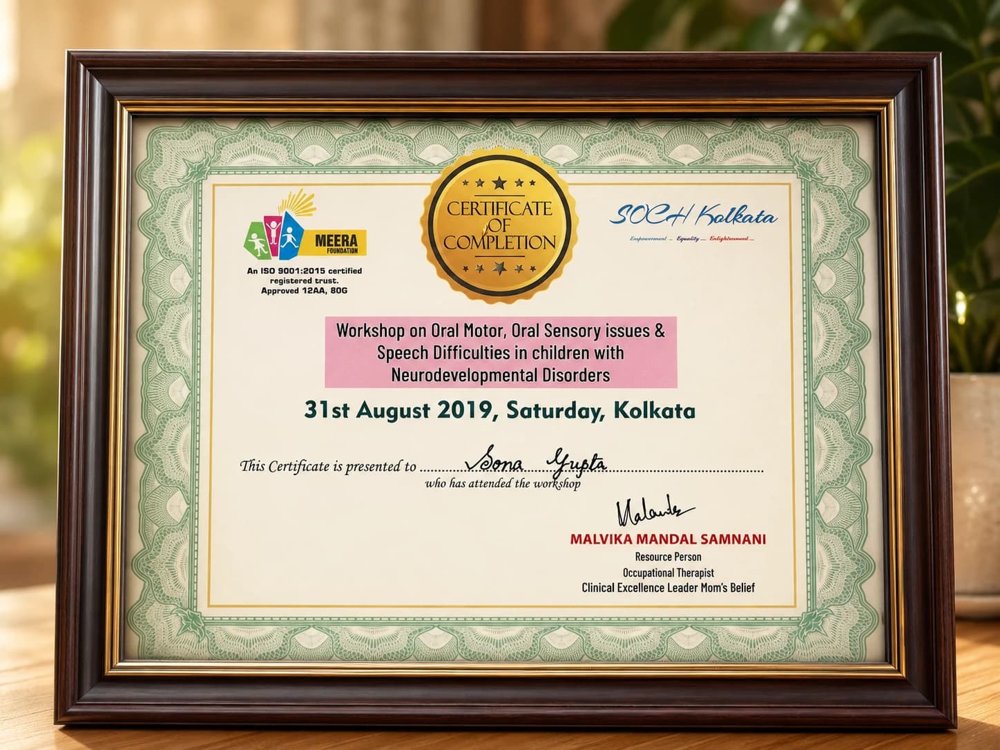 Certificate of Oticon Authorised Fitting Centre issued by Oticon Hearing Solutions Pvt. Ltd.